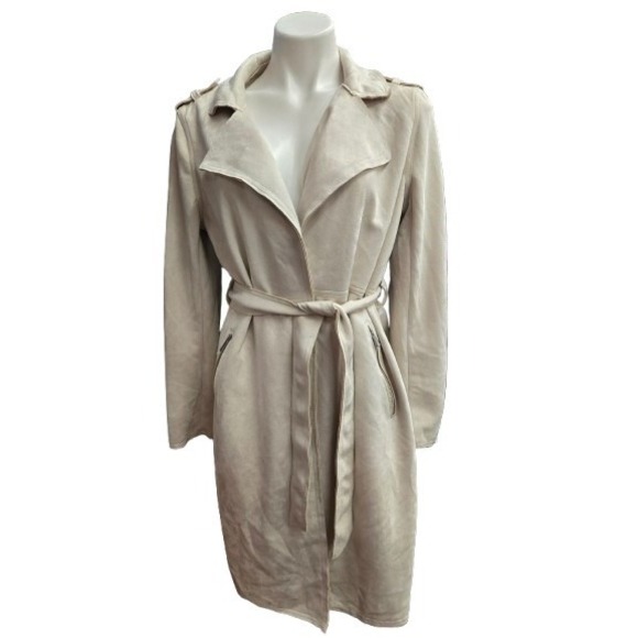 Tahari  Faux Leather Suede Beige  Trench Coat Jacket -Size - Picture 1 of 8